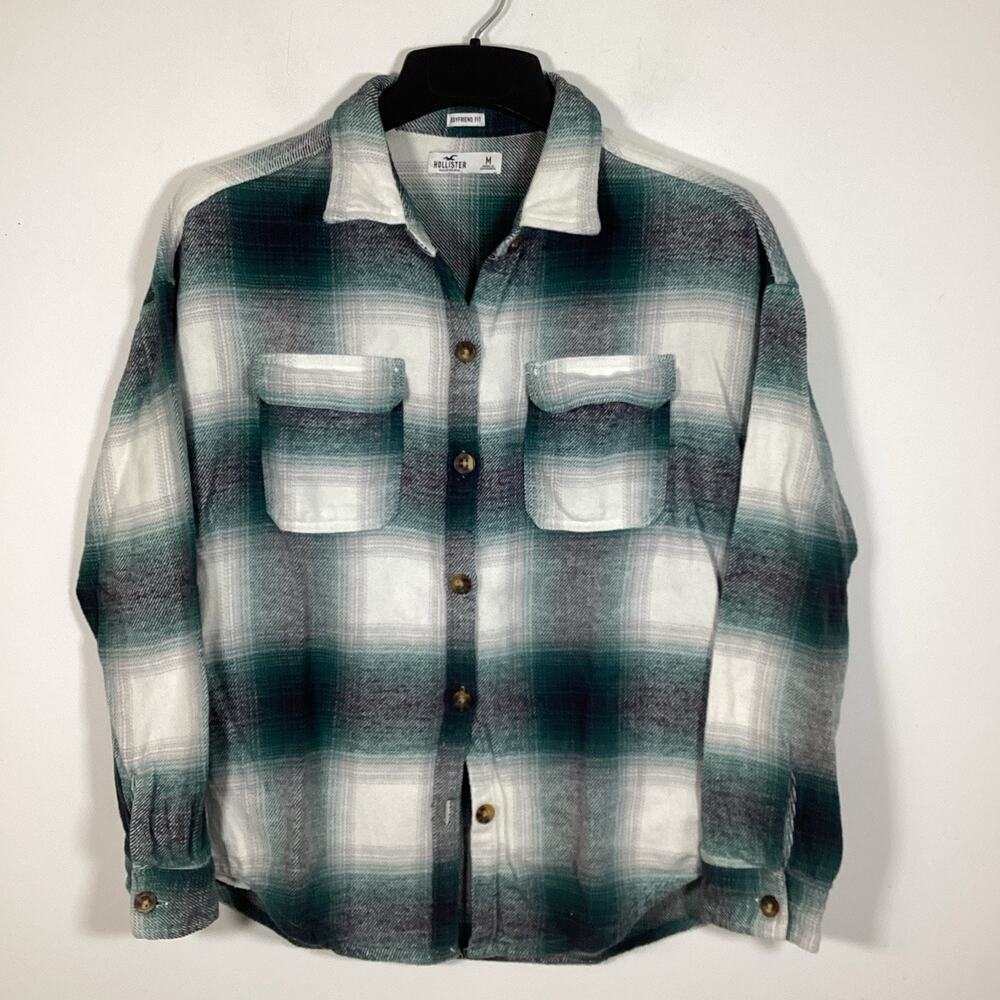 Hollister Shacket Flannel‎ Shirt Women's Medium Green Gray Plaid Boyfriend Fit